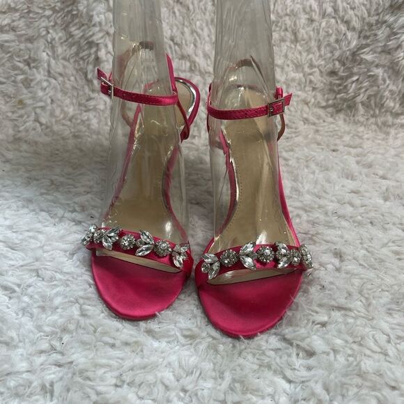 JEWEL BADGLEY MISCHKA Satin Hot Pink Rhinestone accents Ankle Strap Sandals SZ 8 - Picture 1 of 9